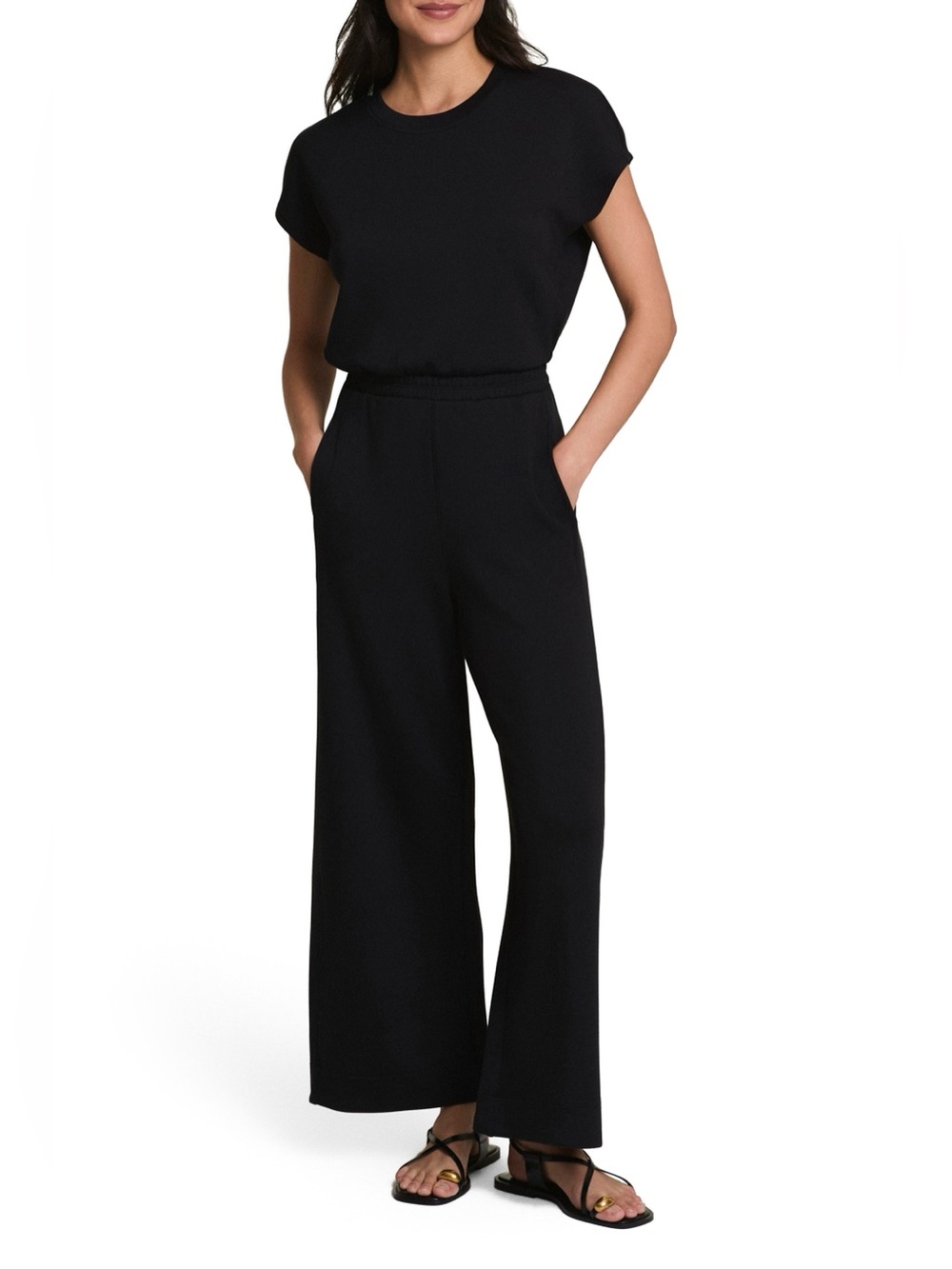 SPANX AirEssentials Cap Sleeve Cinched Wide Leg Jumpsuit Black MP Medium Petite